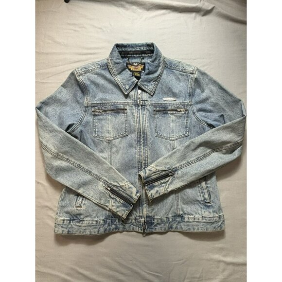 Harley Davidson Womens Jacket Size XL Blue Trucker Biker Denim Jean Pearls Y2K - Picture 2 of 10